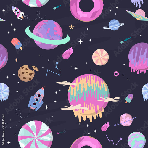 Sweet space seamless pattern with fantasy chocolate cookie, candy, donut, caramel sweets planets. Editable vector illustration