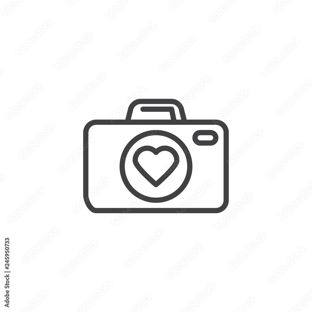 Photo camera with heart line icon. linear style sign for mobile concept and web design. Love story, photo camera outline vector icon. Symbol, logo illustration. Pixel perfect vector graphics Photo camera with heart line icon. linear style sign for mobile concept and web design. Love story, photo camera outline vector icon. Symbol, logo illustration. Pixel perfect vector graphics
