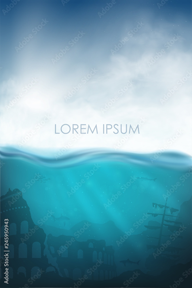 Fototapeta premium underwater vector with shark, Coliseum and sea