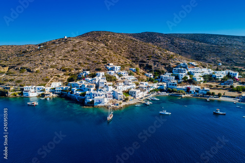 Aerial view of Katapola vilage, Amorgos island, Cyclades, Aegean, Greece