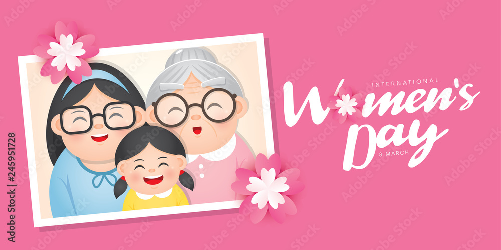 International Women's Day vector illustration with diverse group of women of different age, race and outfits.