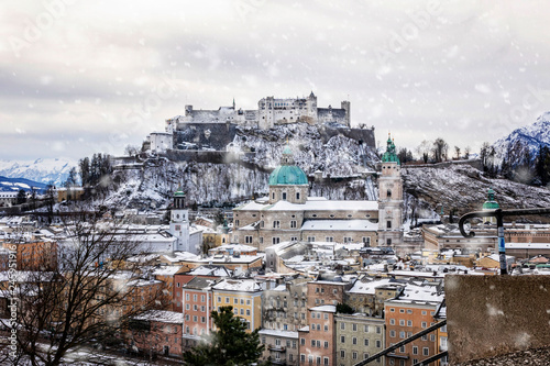 view of the historic city of Salzburg with Festung Hohensalzburg in winter, Salzburger Land, Austria