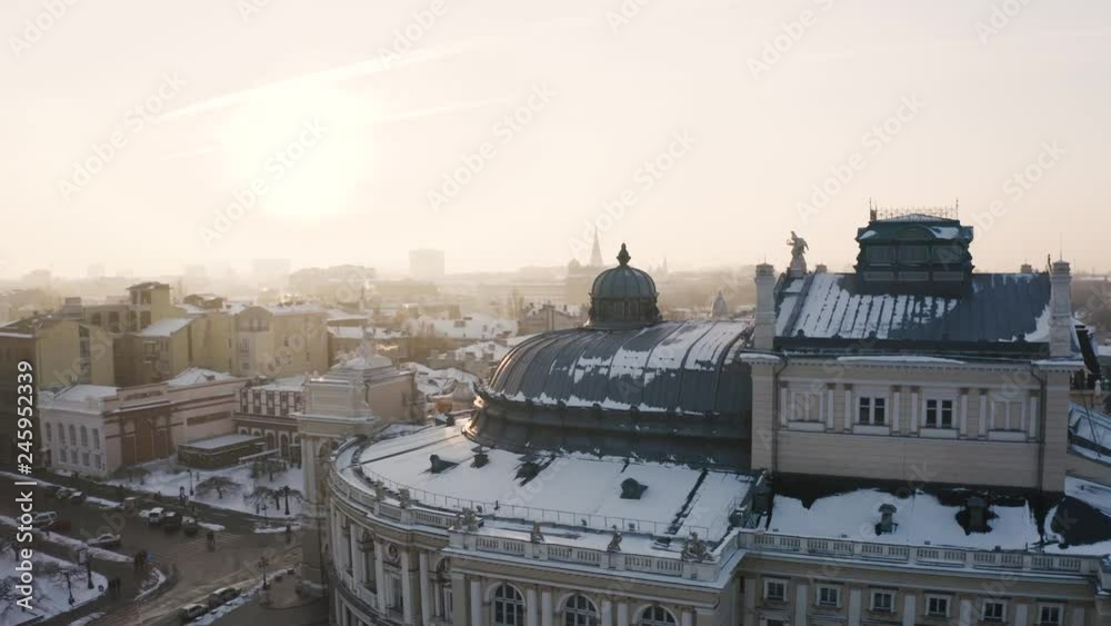 Cinematic aerial footage of opera and ballet theatre during sunny winter day