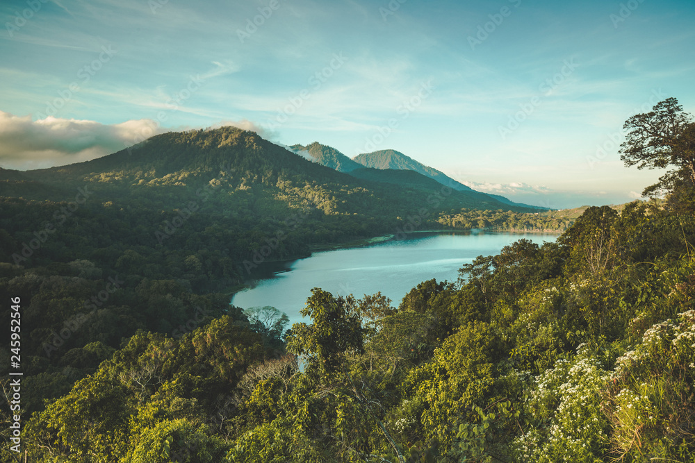 The lake Batur surrounded by the greens and volcano. Bali island, Indonesia. Picturesque overview of the water surface among the dense woods. Popular tourist attraction. Amazing Balinese landscape.