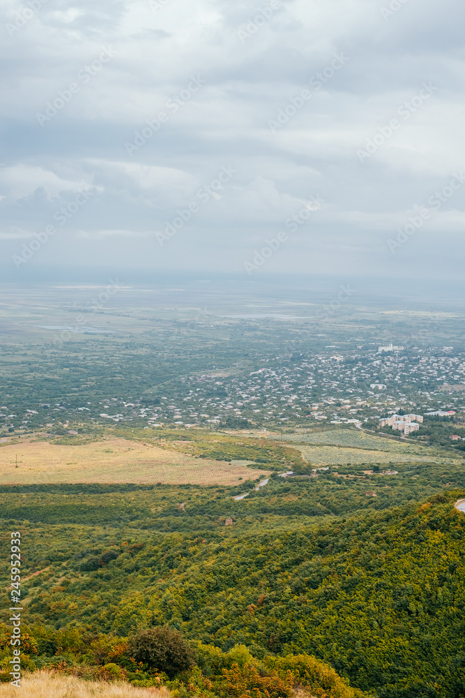 Panorama view of the Alazani Valley from the height of the hill.