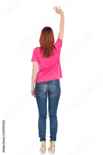 Young Woman Is Standing And Waving Hand. Rear View.