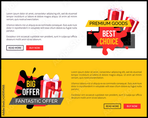 Premium goods and best choice blots on tags, vector web site templates. Presents decorated by tapes and bows. Sellout and special shop offer, price off