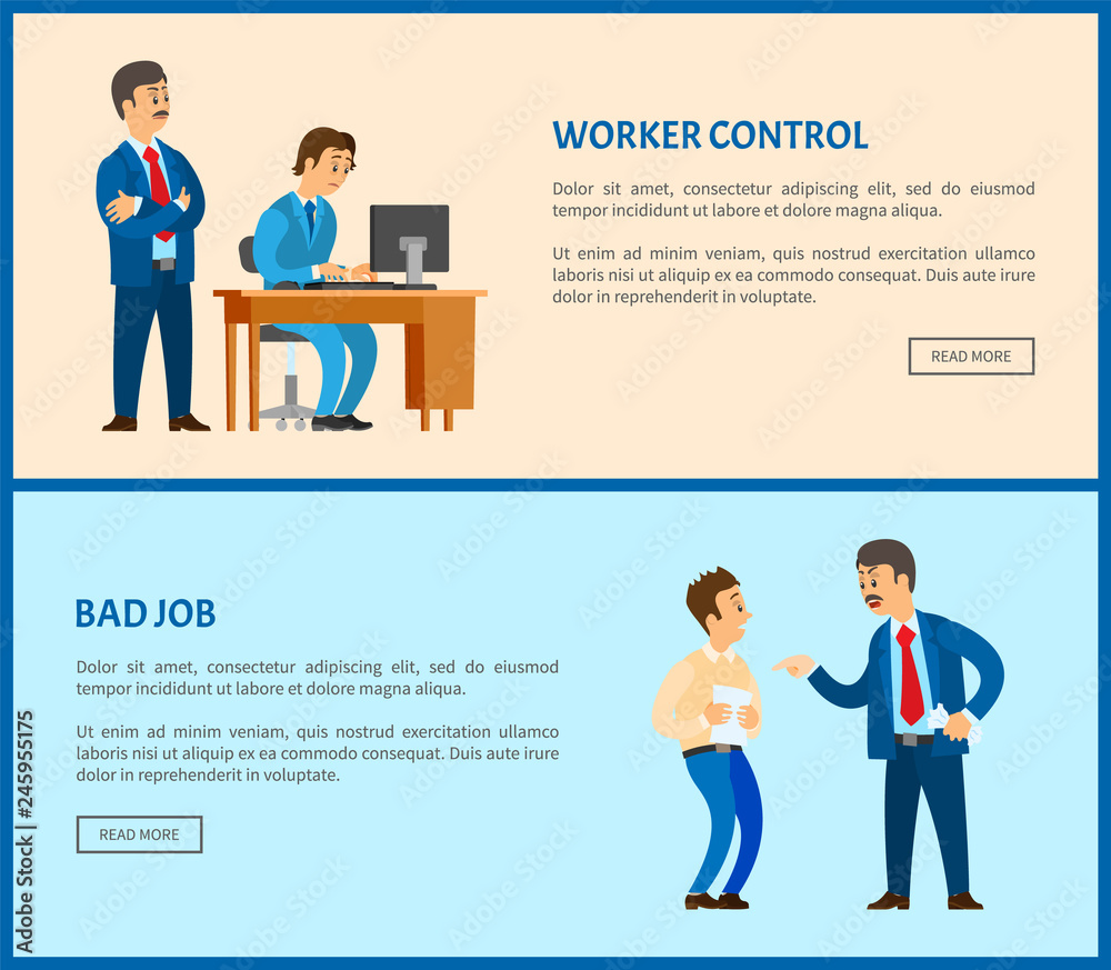 Bad job and worker control vector web pages, unsatisfied boss claiming frustrated manager by improperly done work. Leader businessman, conflict at work