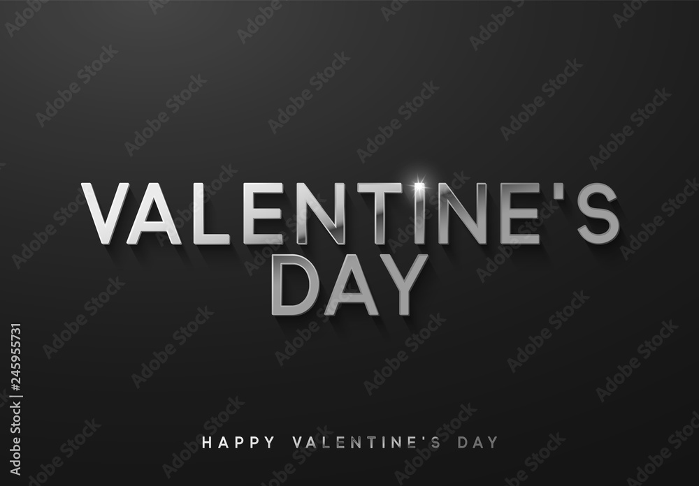 Valentines day. Sale banner, poster, logo silver color on dark background. Bright glitters white font text