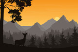 Realistic illustration of mountain landscape with coniferous forest and deer. Under the morning orange sky with clouds with the rising sun, vector