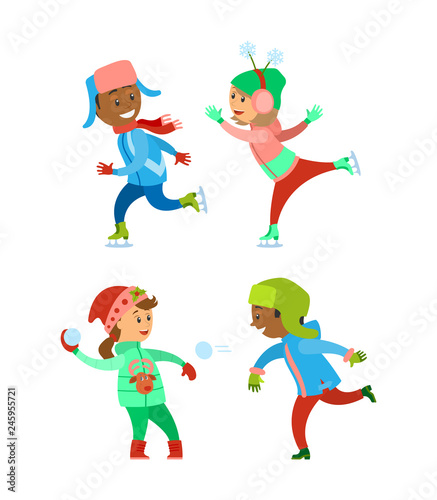 Children Christmas winter vacations holidays set vector. Kids playing snowball fight together, child wearing warm clothes on skating rink. Fun infants