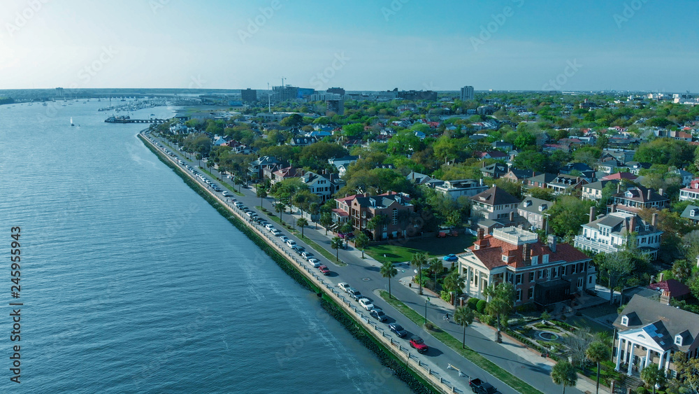 Naklejka premium Aerial view of Charleston at dusk, South Carolina, USA