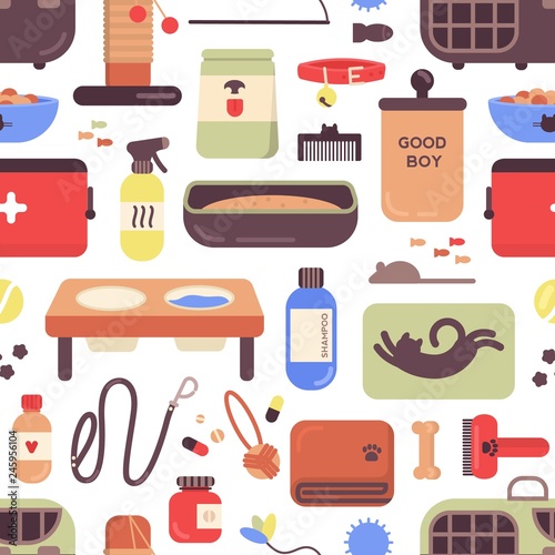 Seamless pattern with pet shop goods for cats and dogs on white background