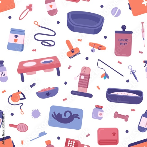 Seamless pattern with pet store products for cats and dogs on white background