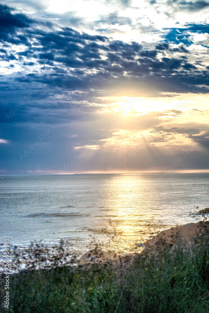 Naklejka premium Beautiful coastline with grass and sunset above the ocean