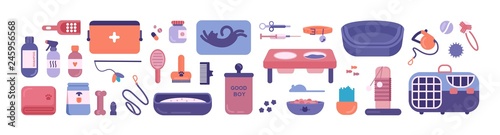 Bundle of pet store products for cats and dogs isolated on white background. Set of items or goods for domestic animals care, treatment, grooming, entertainment, feeding. Flat vector illustration.