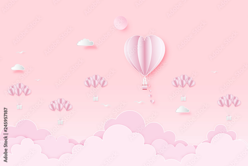 Paper art , cut and digital craft style of the lover in hot air heart balloon on pink sky and full moon as love, happy valentine's day and wedding concept. vector illustration.