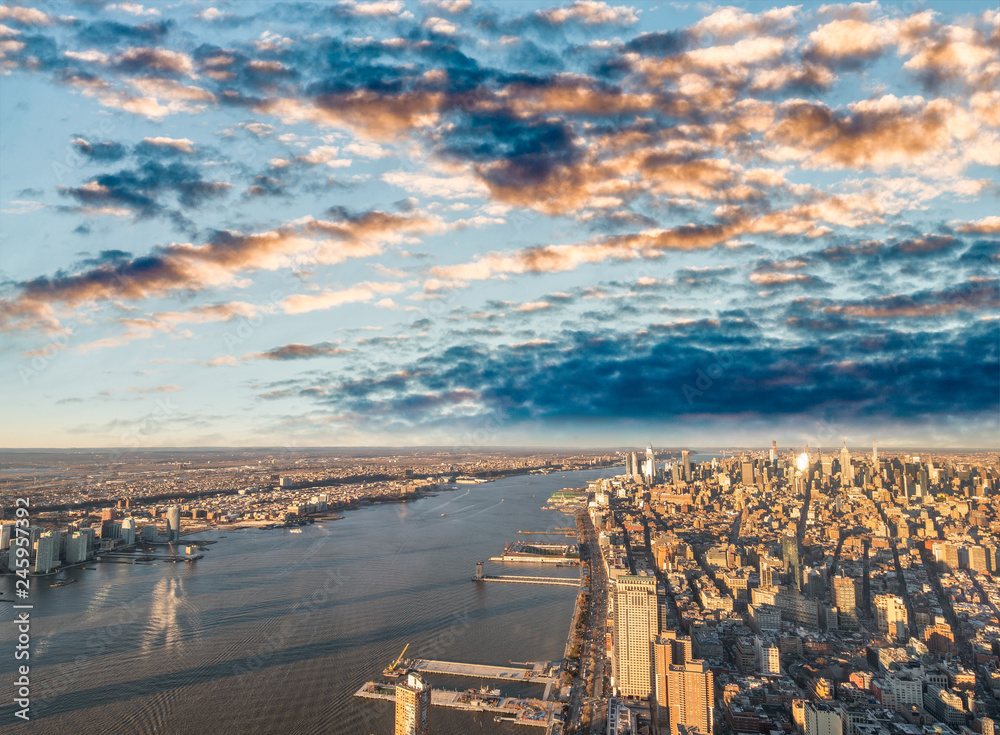 Hudson river and West Side Manhattan aerial view at dusk, New York City