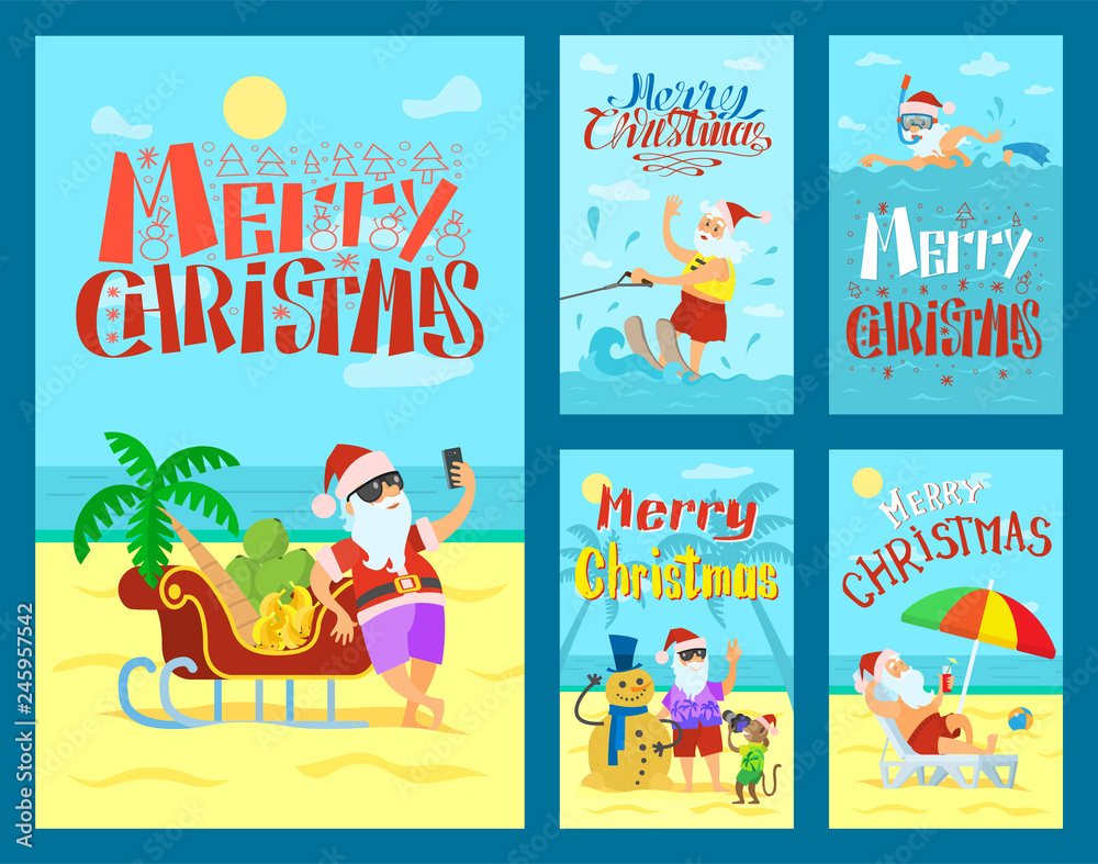 Cartoon Merry Christmas with Santa Claus summer and winter collection vector. Swimming and laying on the beach, shooting and having fun vector