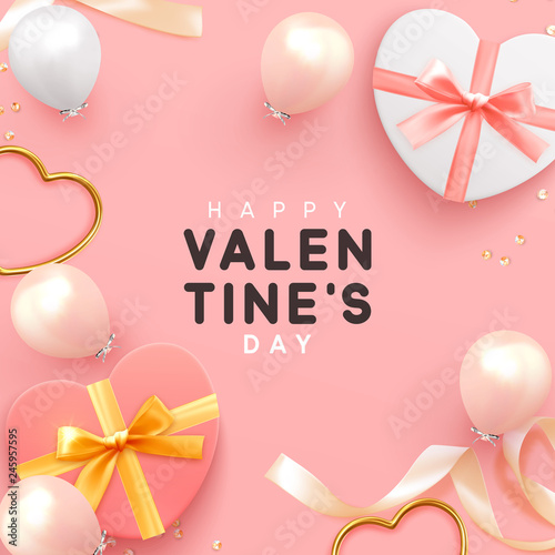 Happy Valentine's day. Romantic pink background with balloons and boxes with gift. present shape of hearts realistic design