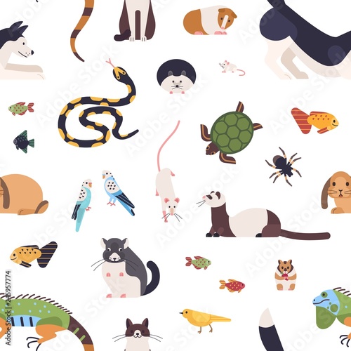 Seamless pattern with pets on white background. Backdrop with cute cartoon domestic animals - mammals, birds, fish, rodents, reptiles and insects. Vector illustration in flat style for wrapping paper.