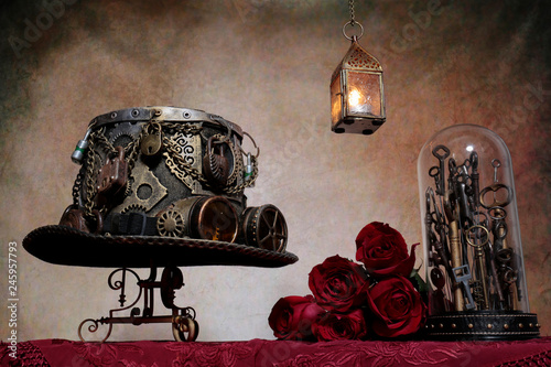 Fototapeta Naklejka Na Ścianę i Meble -  Steampunk amore e   rose rosse