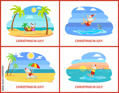 Christmas in July, celebration of holiday in summer vector. Santa Claus swimming and having fun with dolphin, taking selfie and lying in cozy hammock