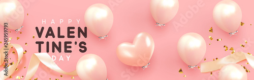 Happy Valentine's Day, background with realistic pink balloons shape heart