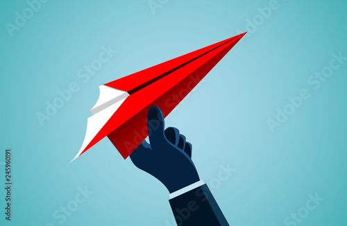 hand human who threw the red paper plane up to the sky. creative idea. illustration cartoon vector