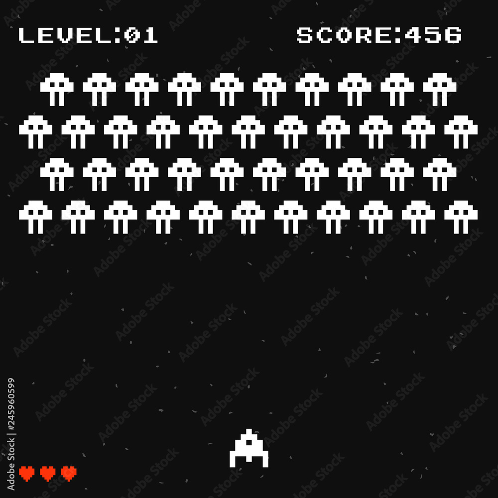 Pixel game in the old style, arcade shooter, alien invasion simulator. Vector set of icons of space ships and aliens. Vintage game. Space war. Old school video game