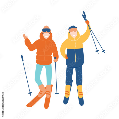 Young couple or pair of friends skiing together