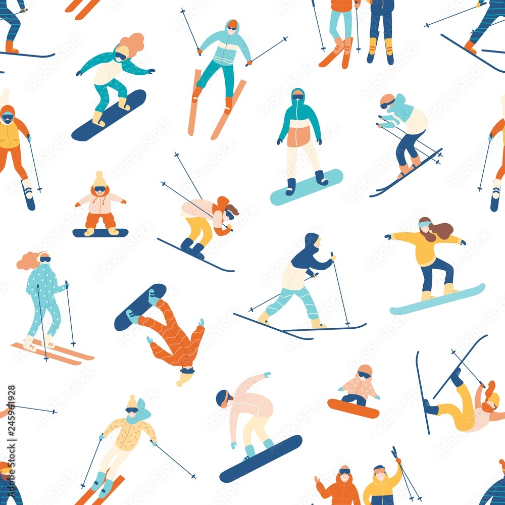 Seamless pattern with skiing and snowboarding people on white background. Backdrop with men, women and children performing winter outdoor sports activities. Colorful flat cartoon vector illustration.