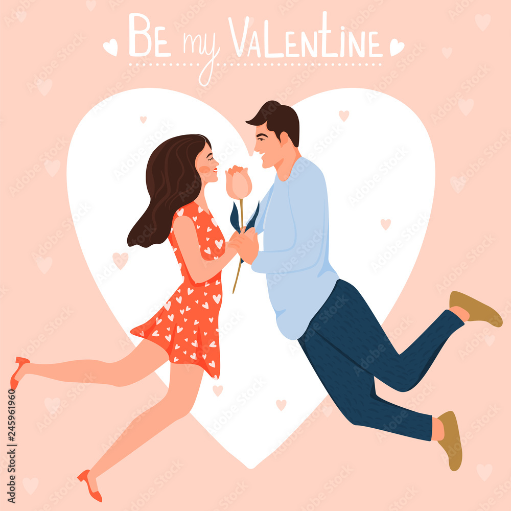 Valentine's day card with happy couple. Man giving to his woman a flower. Vector illustration. Valentine's day card with happy couple. Man giving to his woman a flower. Vector illustration.