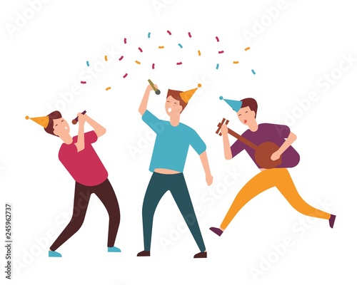 Group of joyful young men or boys in cone hats celebrating birthday. Funny friends singing songs and playing music instruments together at party. Colorful vector illustration in flat cartoon style.