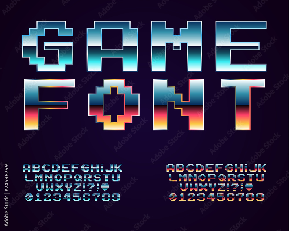 Set of vector letters in retro style. Game design. Font of old games. 8 ...