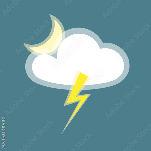Cloud lightning moon icon element simple app Isolated on blue background Icon of rainy weather night thunder lightning Flat design element of app banner meteo weather cloud lightning moon icon Vector