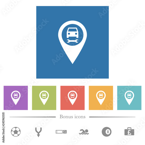 Car service GPS map location flat white icons in square backgrounds photo