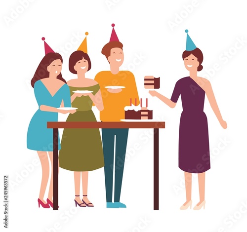 Group of cute joyful people cutting, tasting festive cake and celebrating bir...