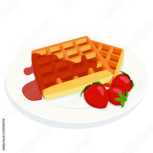 Belgian waffles with jam and strawberries on a plate isolated on white background