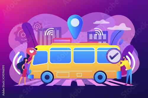 Passengers like and approve autonomos robotic driverless bus. Autonomous public transport, self-driving bus, urban transport services concept. Bright vibrant violet vector isolated illustration