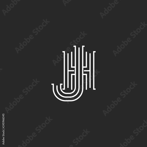 Creative logo JH or HJ initials logo medieval monogram, overlapping thin lines two letters linked J and H