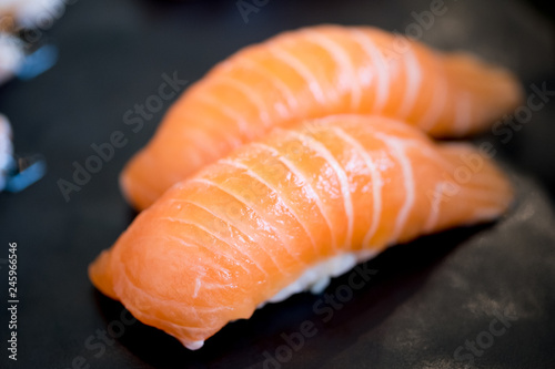 Japanese salmon nigiri sushi piece of uni gunkan