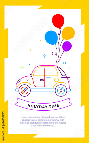 Vector illustration in yellow frame of retro car side view with bright bunch of color air balloon and text on white background.