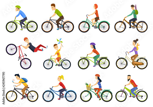 Group of tiny people riding bikes on city. Bike types and cycling sign set. Man, woman, kids. Thin line art icons. Flat style illustrations isolated on white. - Vector.