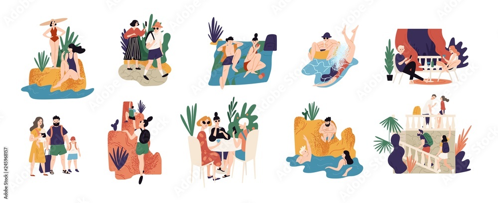 Collection of vacation activities or scenes - people hiking, swimming, sunbathing, diving, sightseeing during summer adventure trip or journey. Colorful vector illustration in flat cartoon style. - obrazy, fototapety, plakaty 