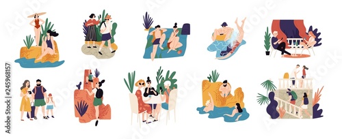 Collection of vacation activities or scenes - people hiking, swimming, sunbathing, diving, sightseeing during summer adventure trip or journey. Colorful vector illustration in flat cartoon style.