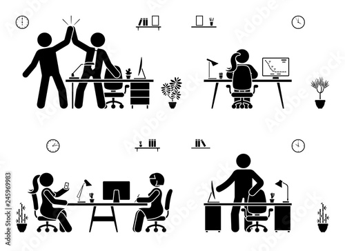 Stick figure business office vector icon pictogram on white. Men and women happy, working, sitting, reporting, writing people silhouette