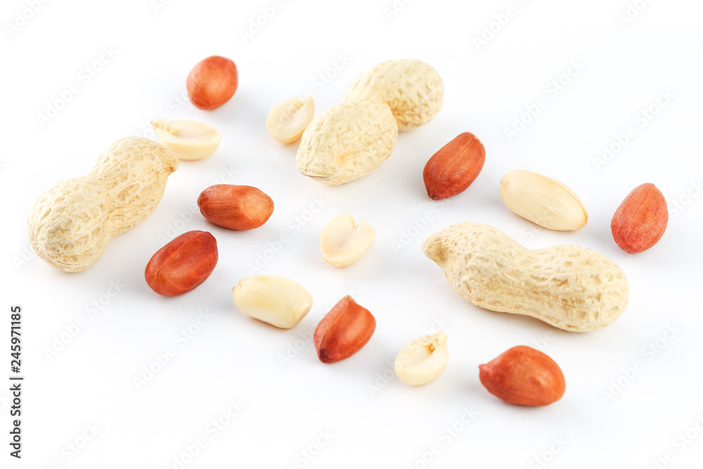 Peanuts isolated on white background. Peeled Peel and Scarlup. Peanuts isolated on white background. Peeled Peel and Scarlup.