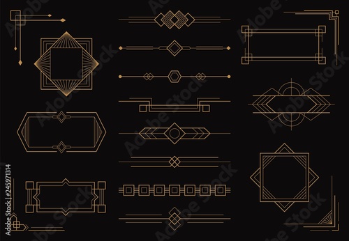Set of art deco line border patterns and ornaments. Modern creative arabic golden frames,  geometric vintage label, antique vector design template in style of 1920s