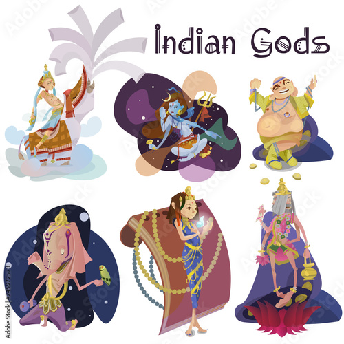 Set of isolated Indian Gods meditation in yoga poses lotus and Goddess hinduism religion, traditional asian culture spiritual mythology, deity worship festival vector illustrations, T-shirt concepts